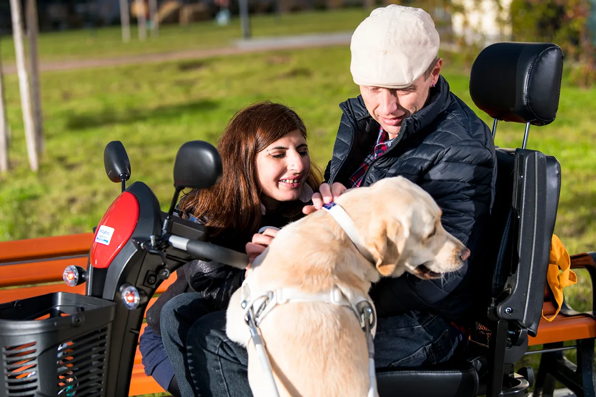 Blinde Frau mit Hund und Partner im Rollstuhl